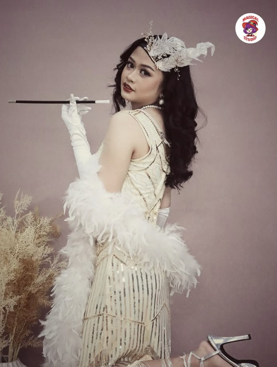 Gaun Flapper Wanita 1920-an (Beige) N01